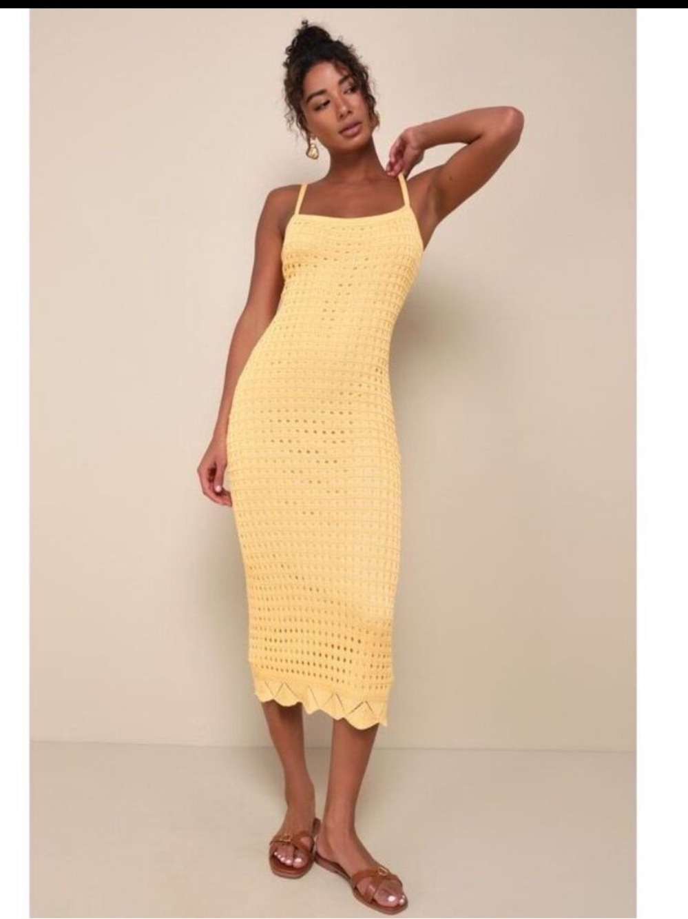 Lulu's Mustard Yellow Crochet Maxi Dress with Thin Straps